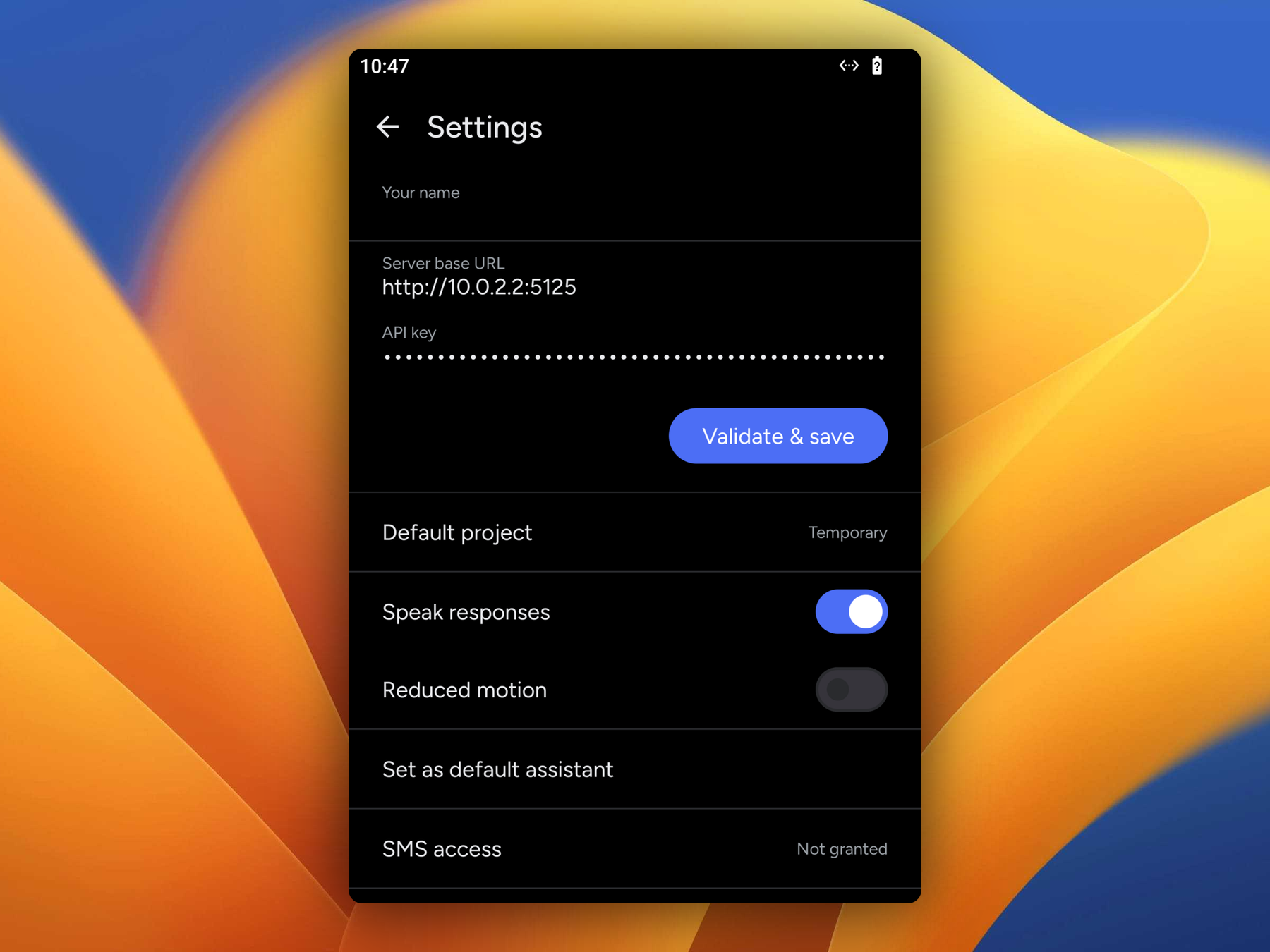 Aura's Settings screen showing the Server base URL field and a masked API key field, with a Validate & save button