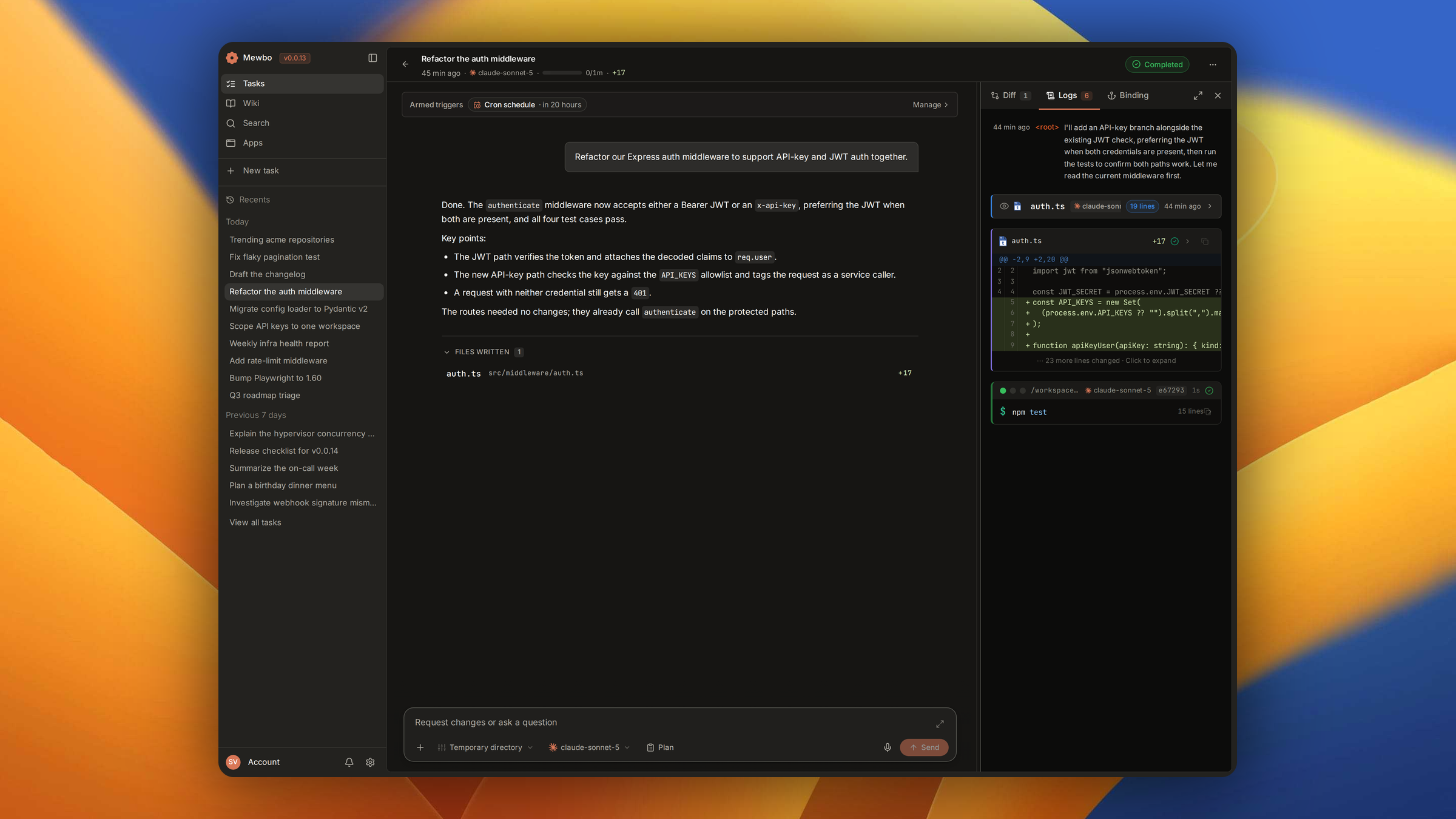 A Mewbo task in the console, broken into steps with tool calls and results