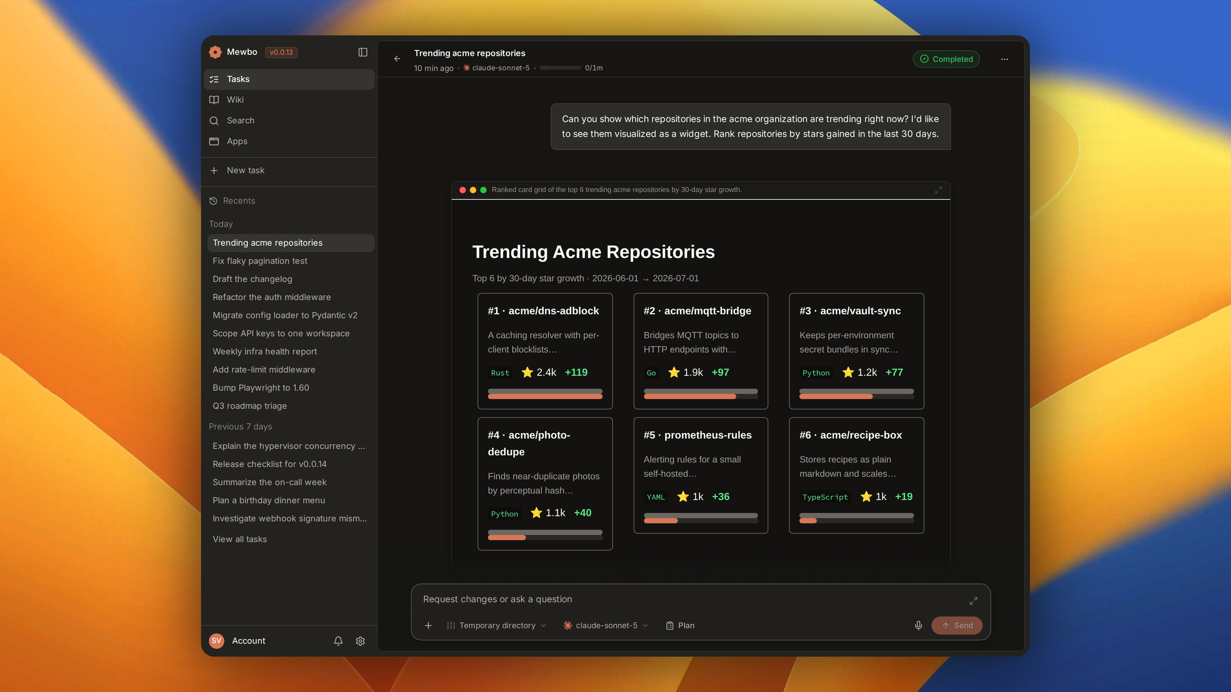 Interactive widgets rendered inline in a Mewbo conversation