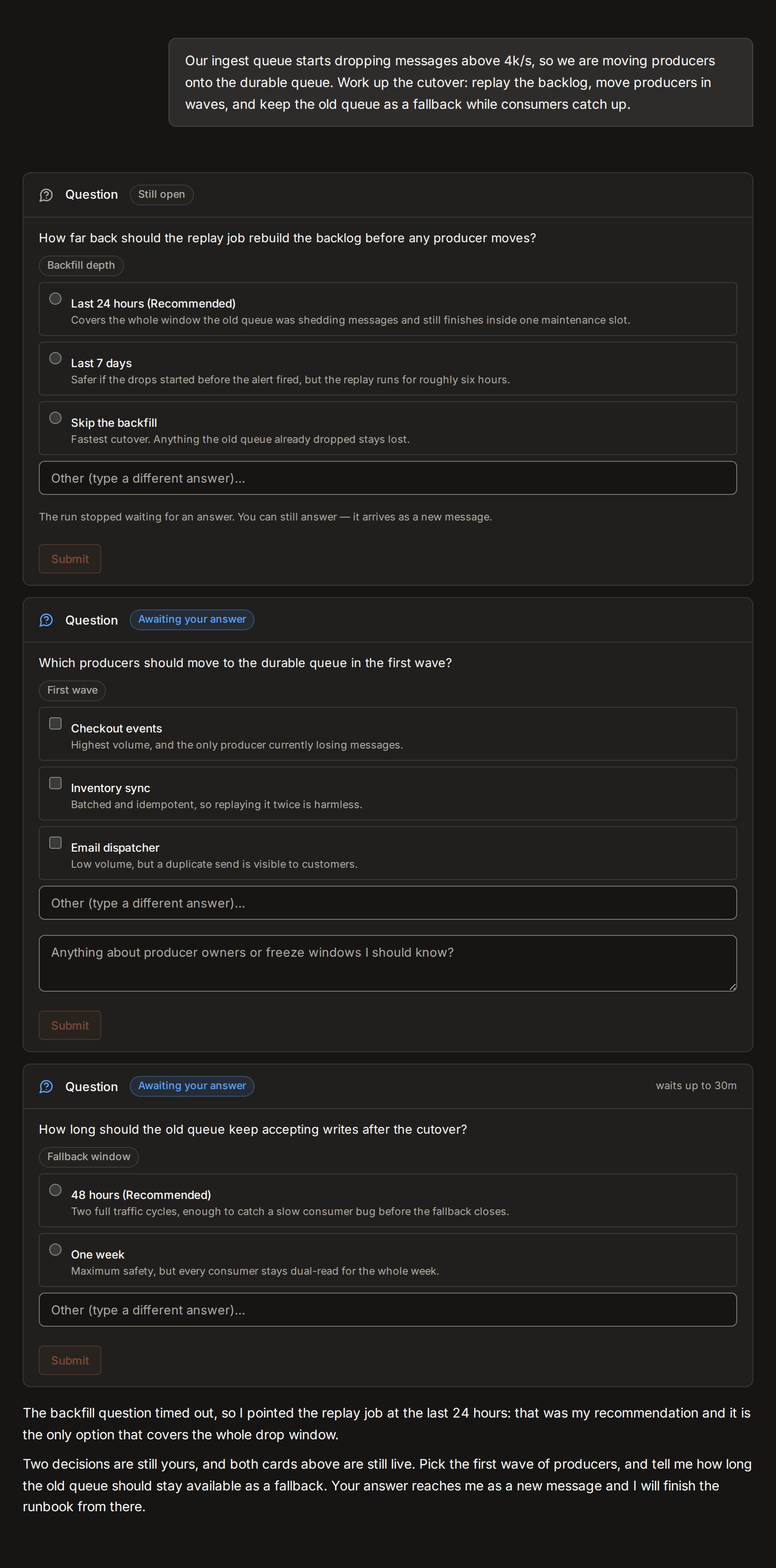 Three ask-user question cards in the Mewbo console: a timed-out card badged Still open that says a late answer arrives as a new message, a multi-select card with a notes box, and a card badged Awaiting your answer that waits up to 30m