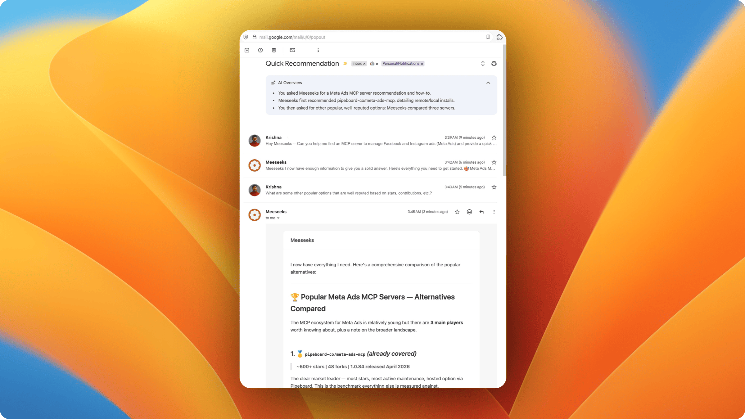 Mewbo email thread in Gmail
