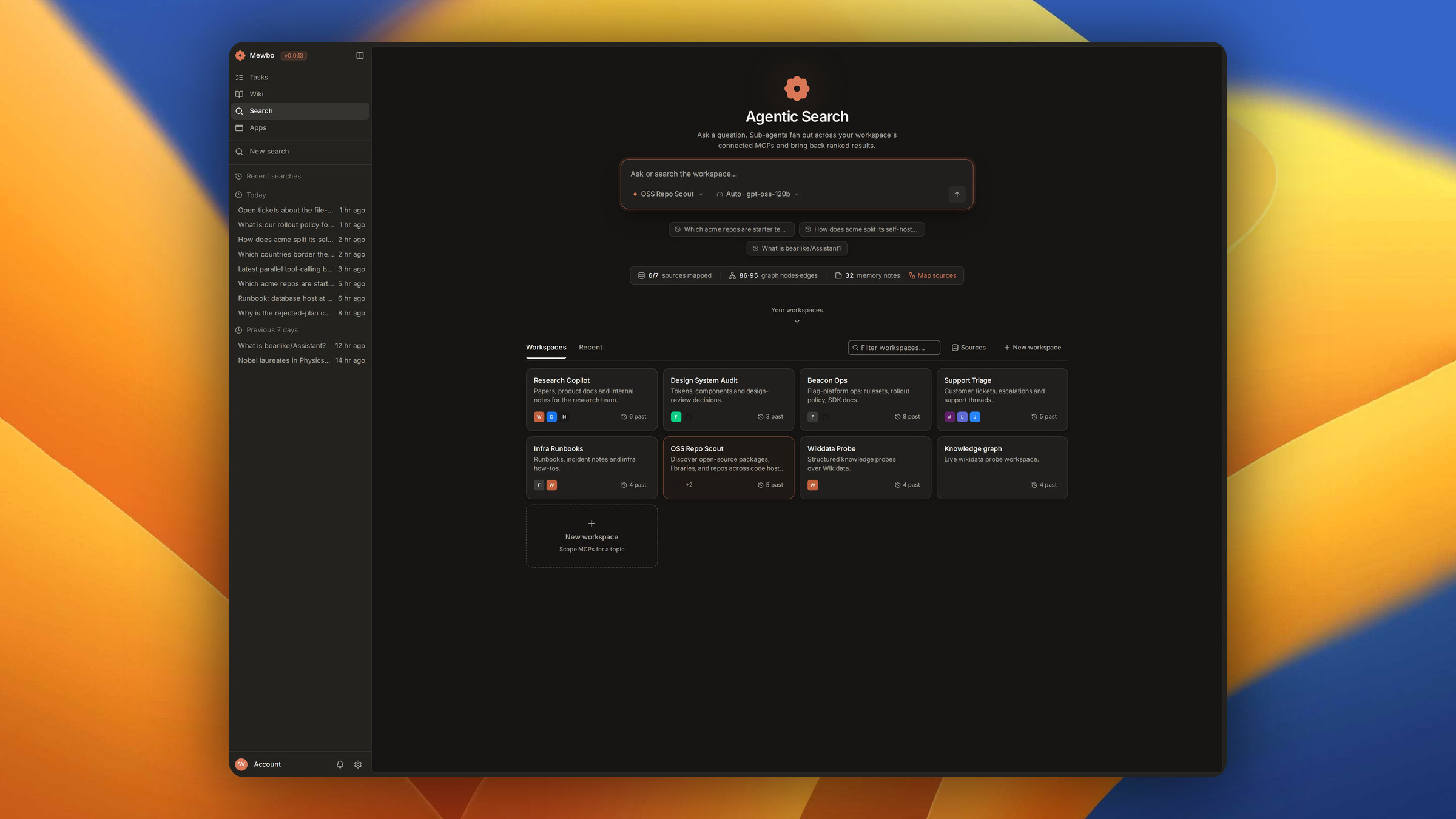 The Agentic Search landing page with workspaces scoped to connected sources