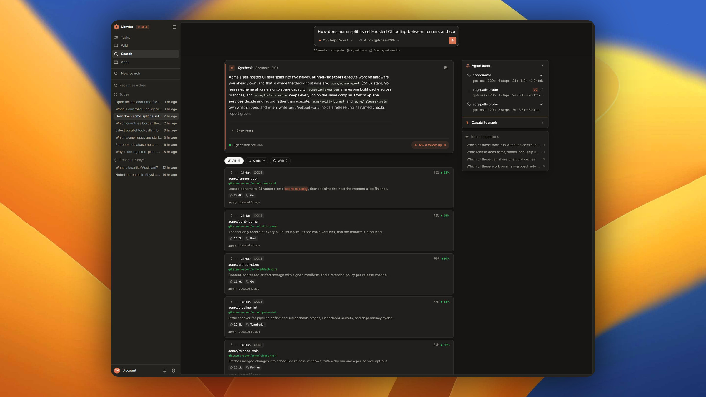 Agentic Search results: one ranked list across connected sources with a synthesised overview