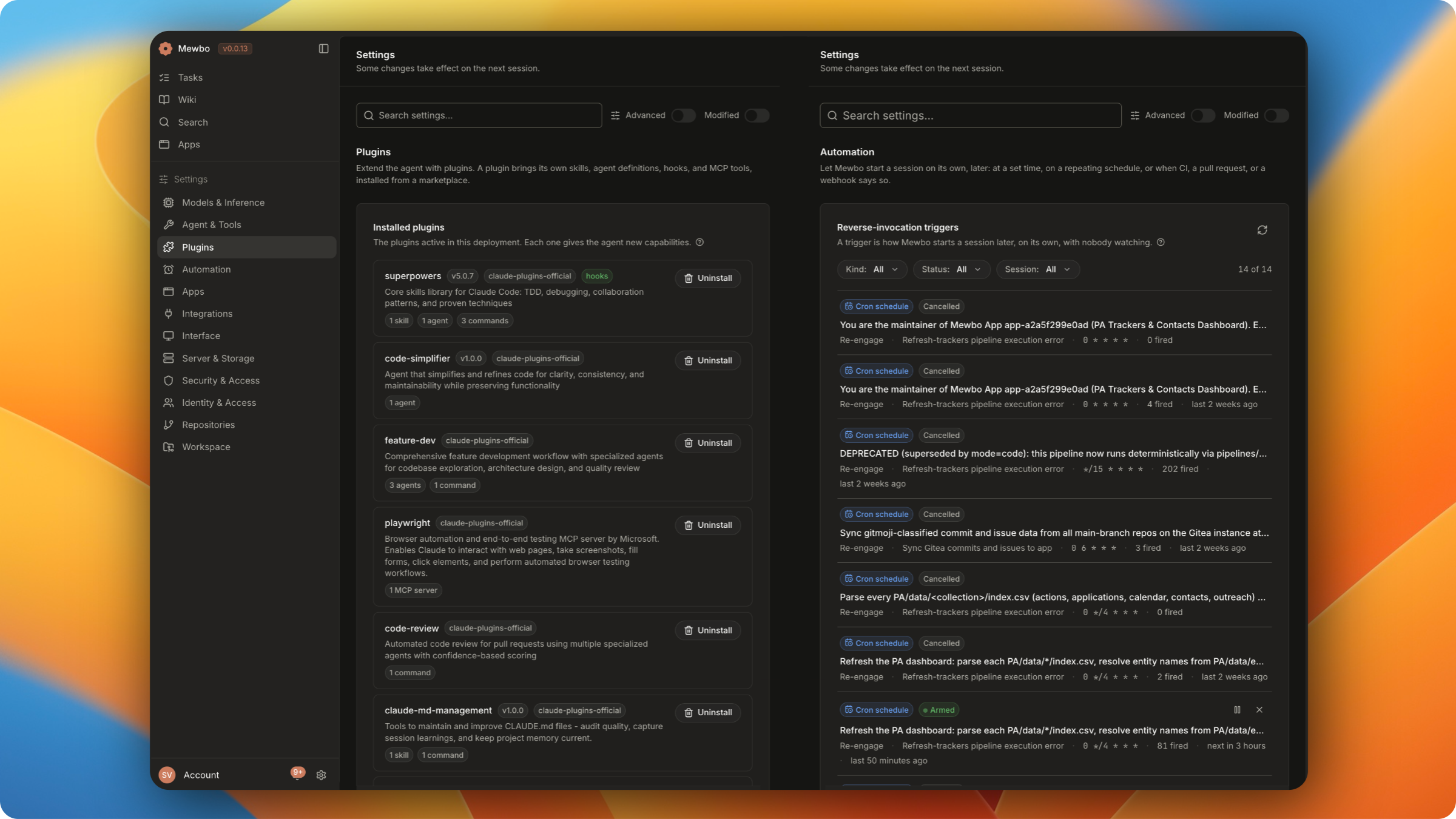 Two Mewbo settings panes side by side, one listing installed plugins and what each contributes, the other listing reverse invocation triggers with their cron expressions, fire counts and next fire time