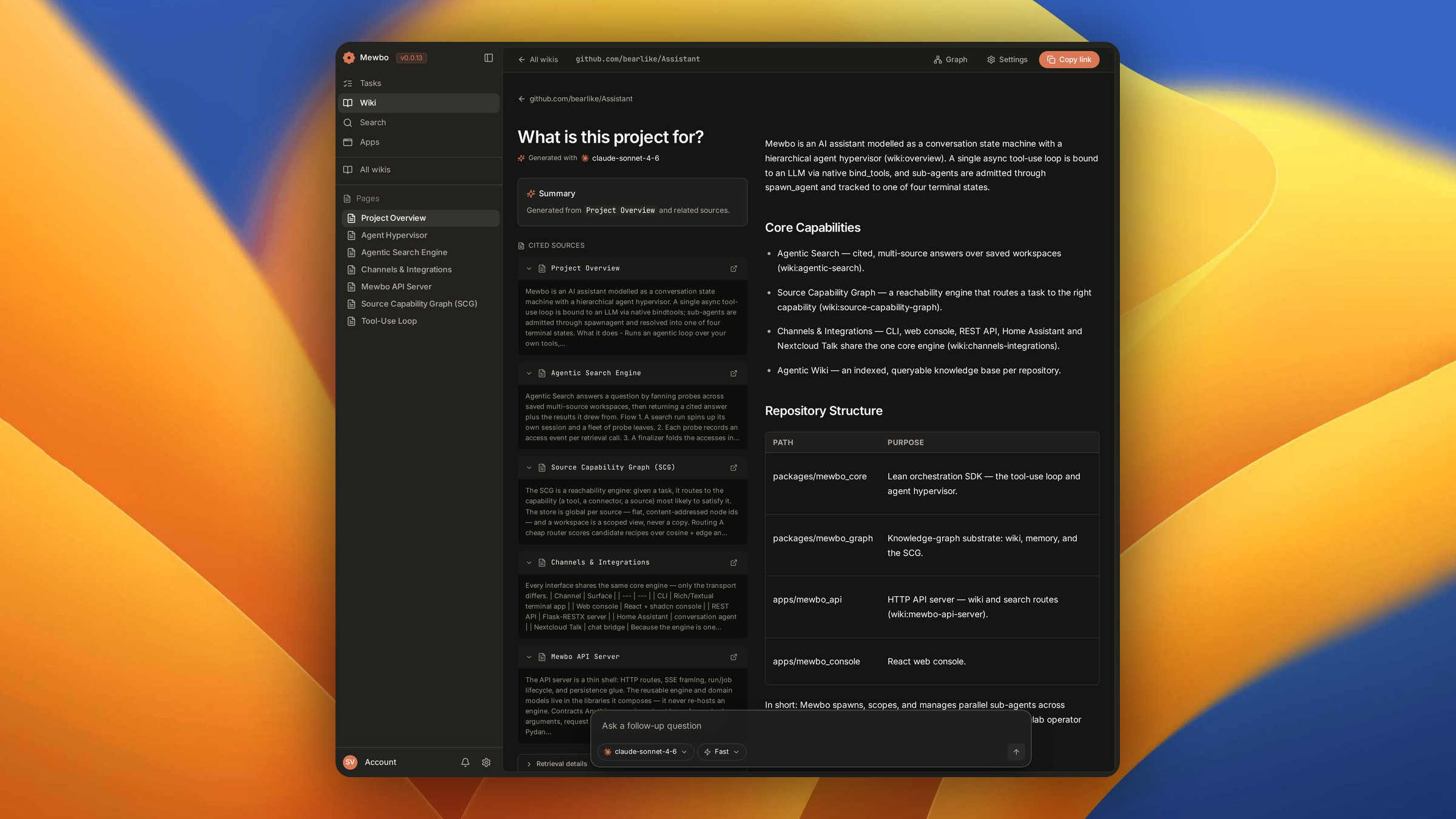 An Agentic Wiki answer to a question about a project, with a summary card, an expandable Cited Sources list, a Retrieval details panel naming the pages accessed and the model used, and the answer itself carrying inline citation chips