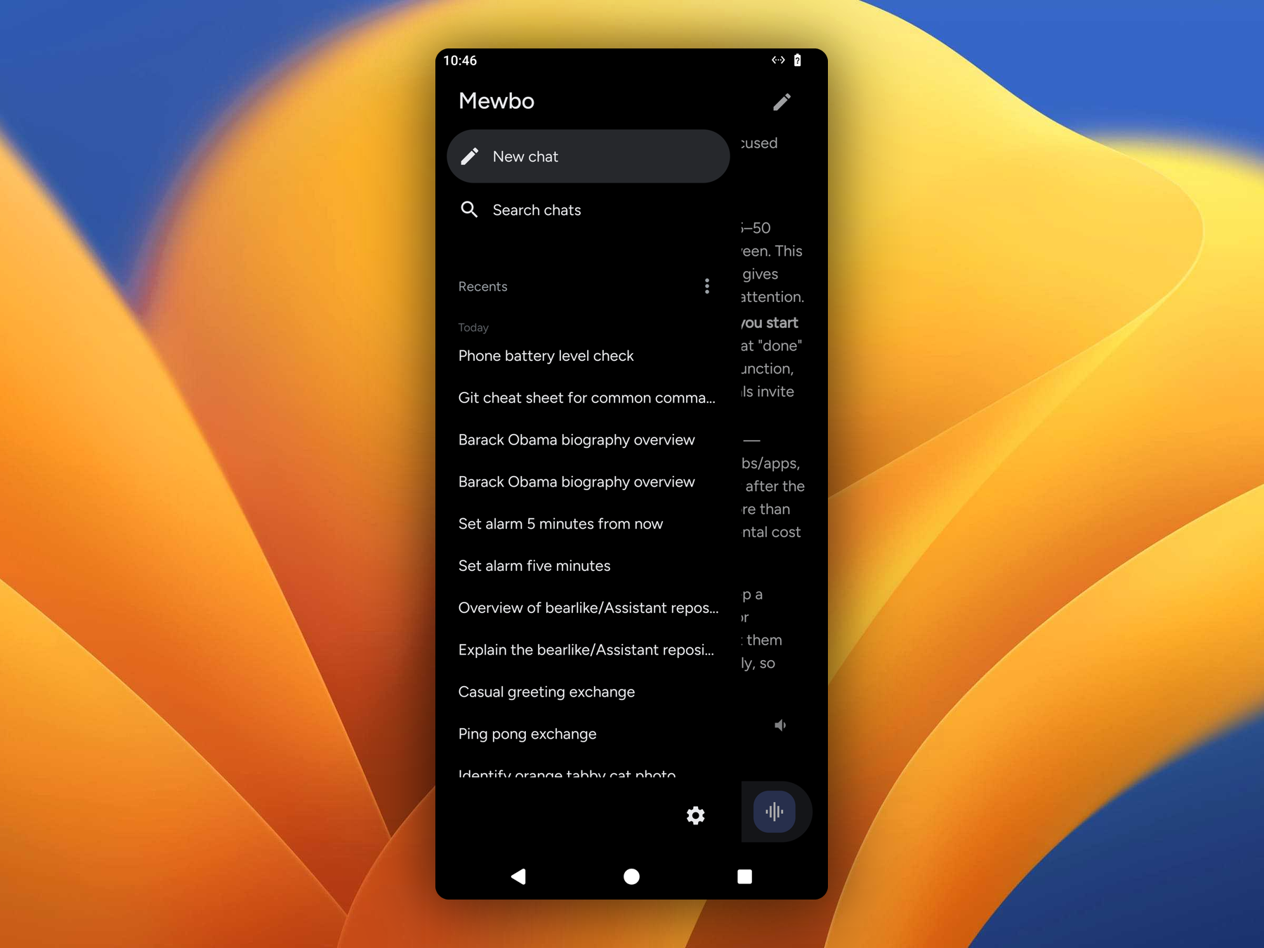 Aura's navigation drawer open, showing New chat and Search chats shortcuts above a Recents list of several sessions grouped under Today