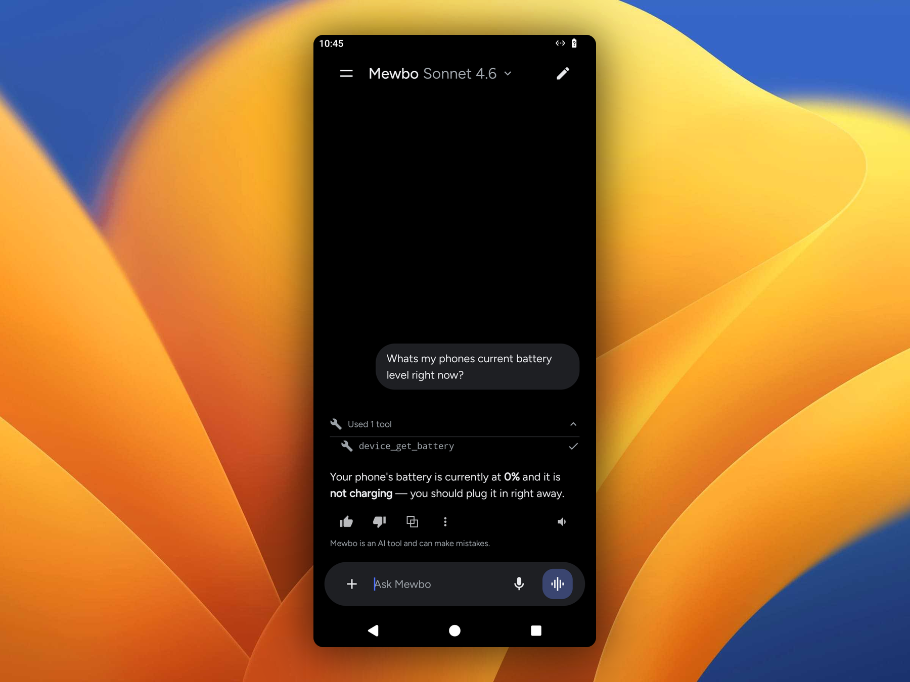 Aura chat turn asking for the phone's battery level, with the tool-activity fold expanded to show the device_get_battery call and a checkmark, followed by the assistant's answer using that result