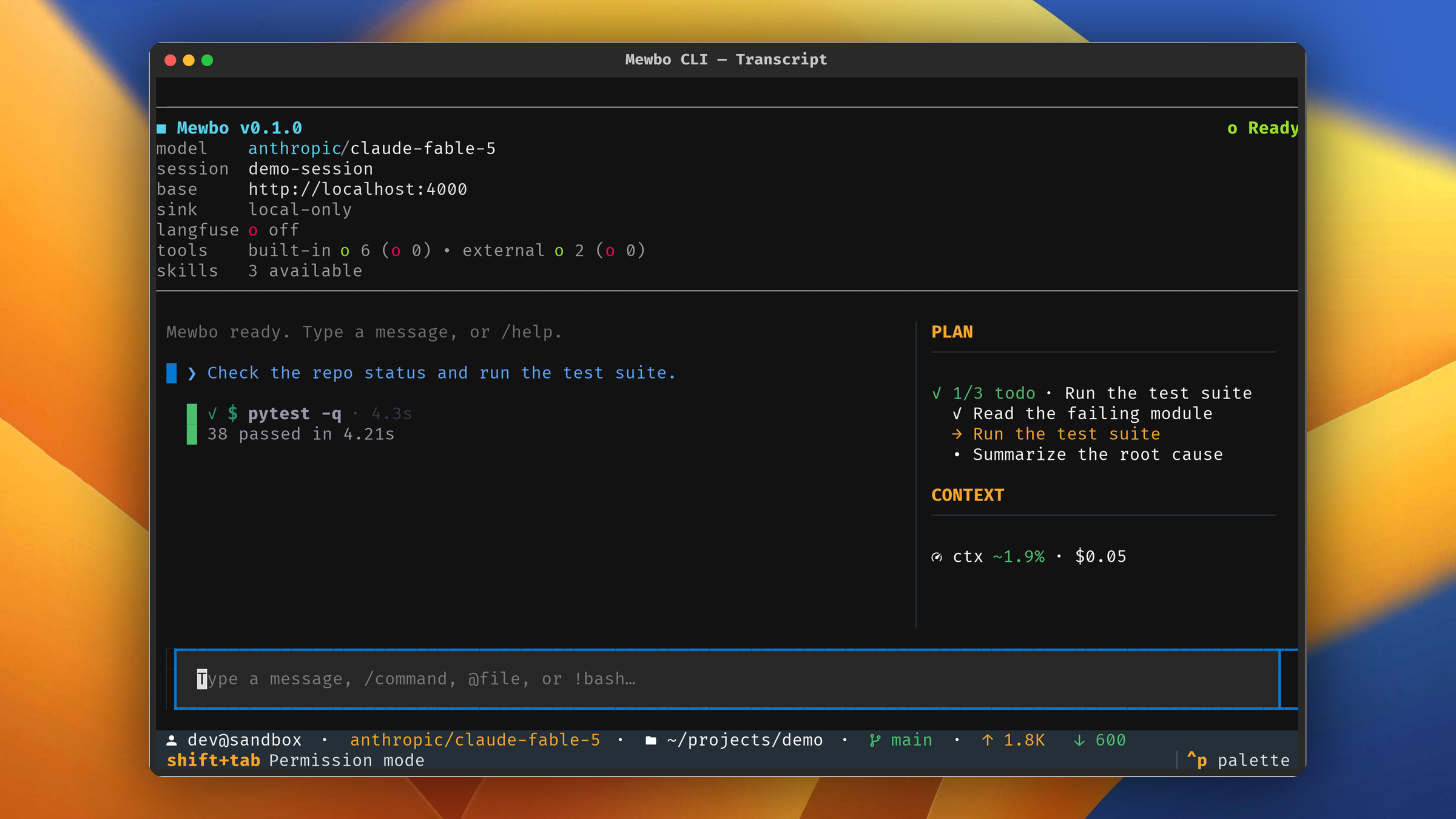 A completed turn in the terminal transcript, showing the user message, a settled shell tool card, the streamed reply, the plan dock, and the footer status line