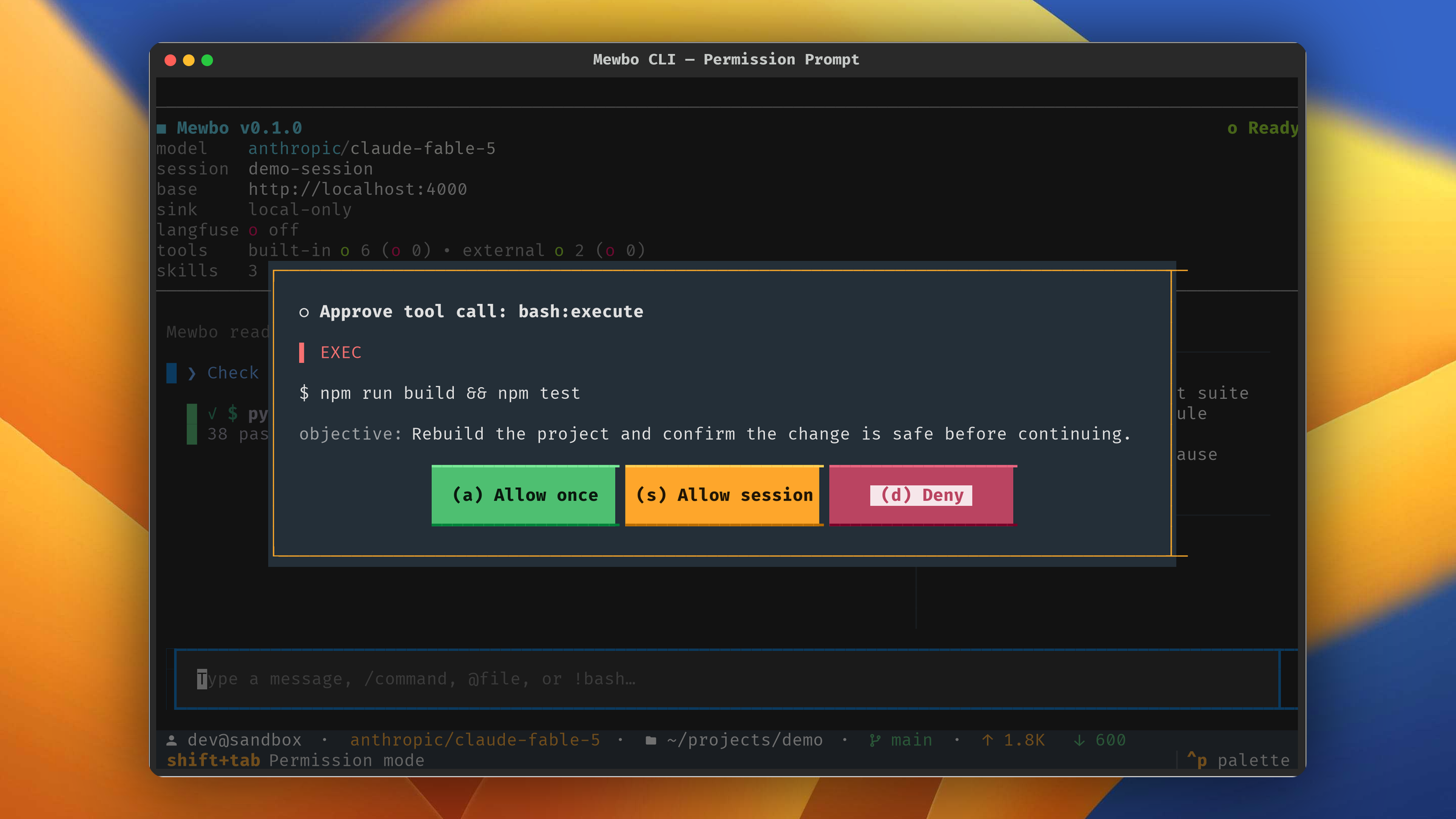 The permission modal open over the transcript, showing the risk badge, the full shell command awaiting approval, and the single-key allow/deny hint