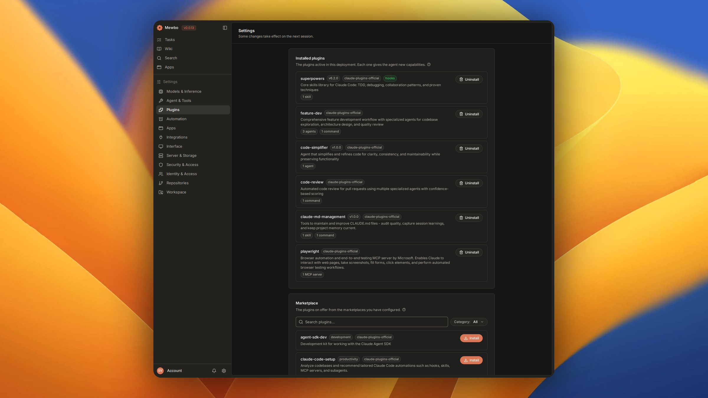 The Mewbo plugins page with installed plugins and marketplace listings