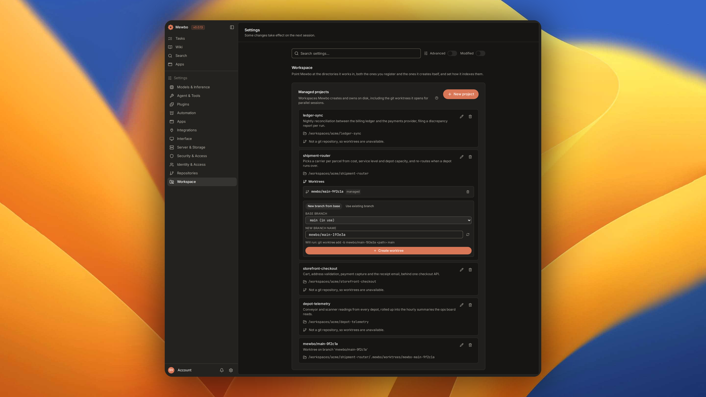 The Projects page listing virtual workspaces, each with its description and working directory