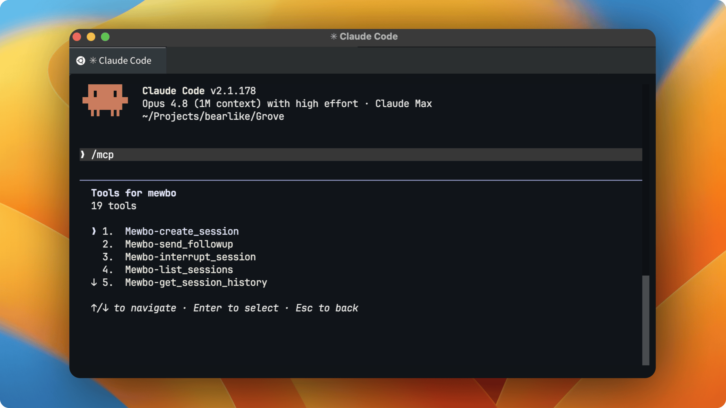 Mewbo listed as an MCP server in Claude Code's /mcp panel, showing all 19 available tools