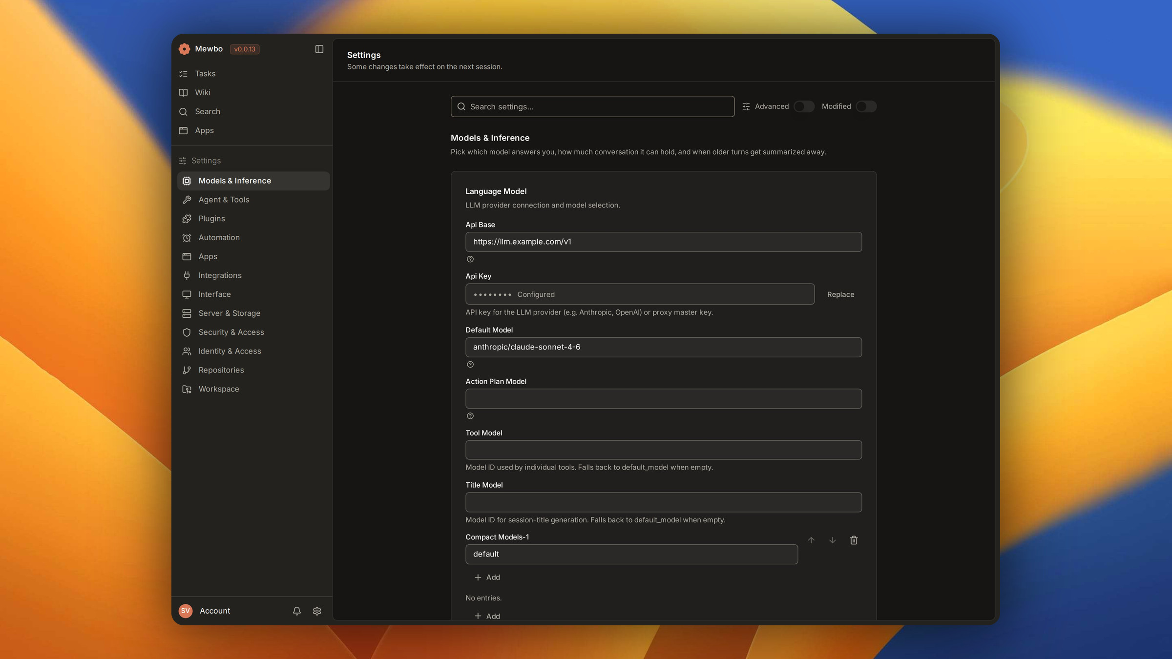 The Models & Inference panel of the Mewbo console Settings screen, with fields for the API base, a configured (write-only) API key, and the default, action-plan, tool, and title model IDs