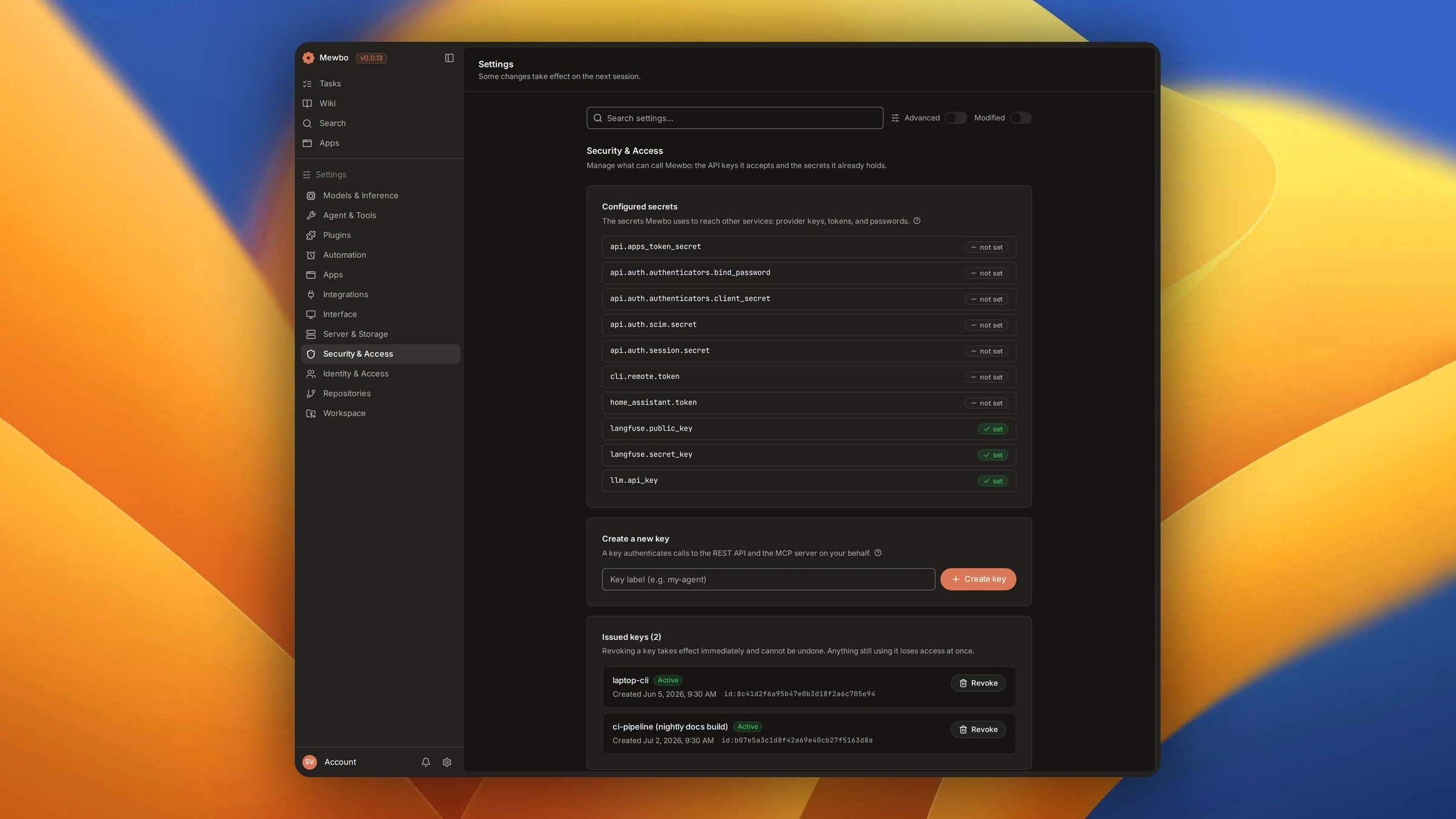 The Security and Access settings screen, listing configured secrets and issued API keys with revoke controls