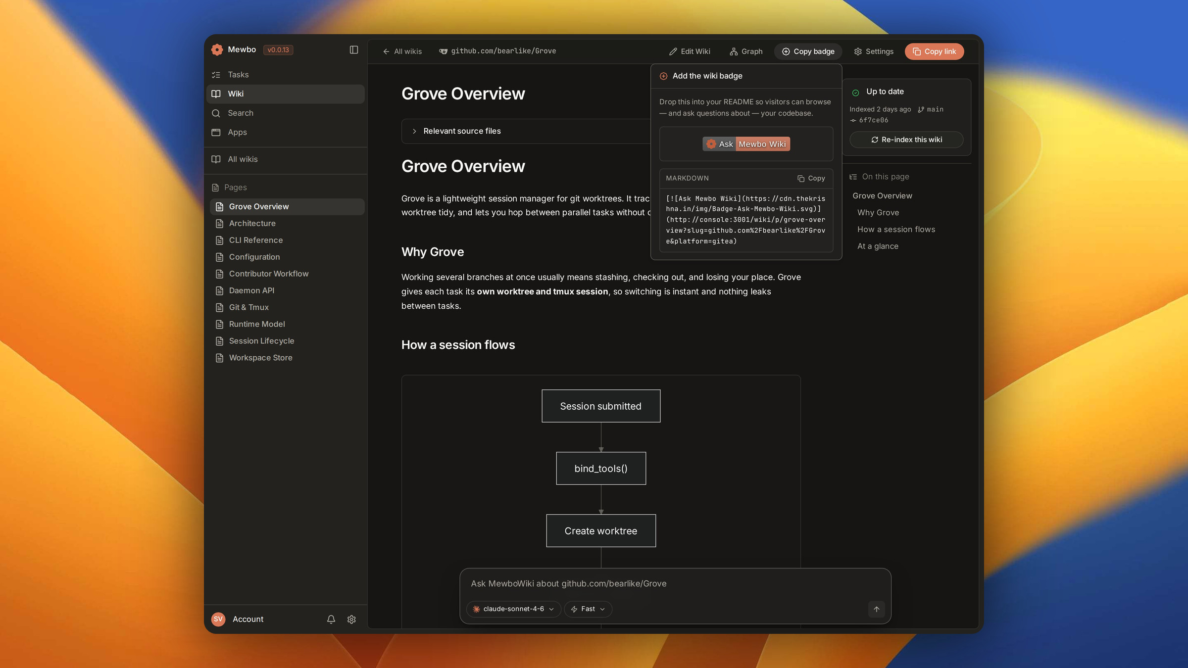 The 'Add the wiki badge' popover in the Agentic Wiki, previewing an 'Ask Mewbo Wiki' badge and the markdown snippet to drop into a repository README, beside the Edit Wiki, Graph, Copy badge, and Copy link toolbar